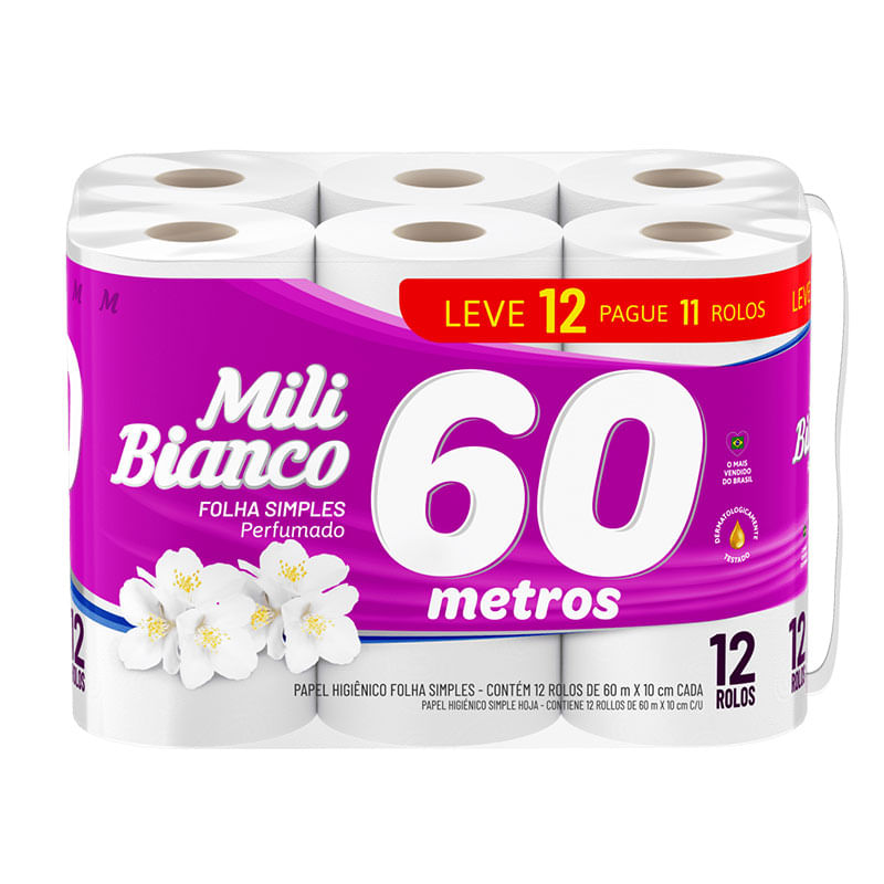 Papel Higiênico Mili Bianco 60m Perfumado Leve 12 Pague 11 Rolos