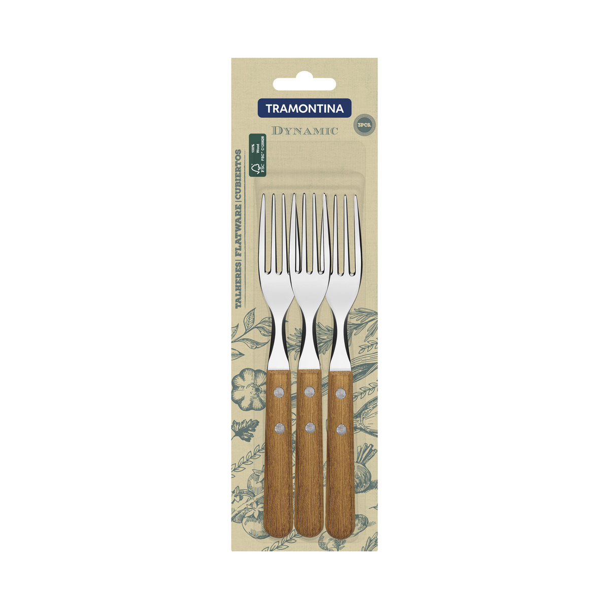 Conjunto de Garfos de Mesa Tramontina Dynamic com Lâminas em Aço Inox e Cabos de Madeira Natural 3 Peças