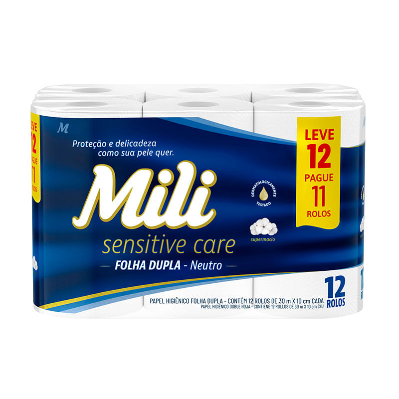 Papel Higiênico Mili Folha Duplas 30m. Leve 12 Pague 11 Rolos Neutro