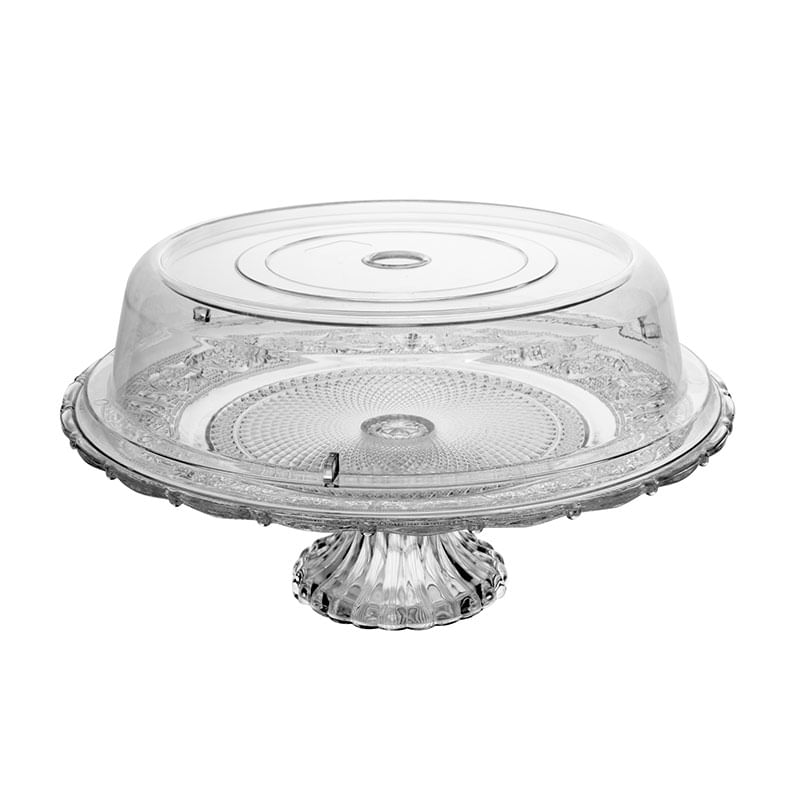 Prato de Vidro para Bolo com Pé e Tampa de Plástico 30x30x10