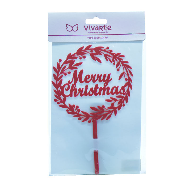 Topo para Bolo Vivarte 20cm Merry Christmas Vermelho
