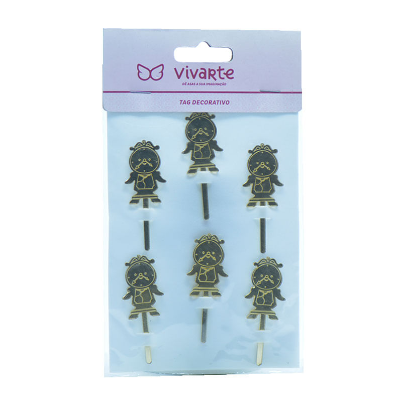 Tag Decorativa Vivarte 6cm Princela Bela Relógio Dourado