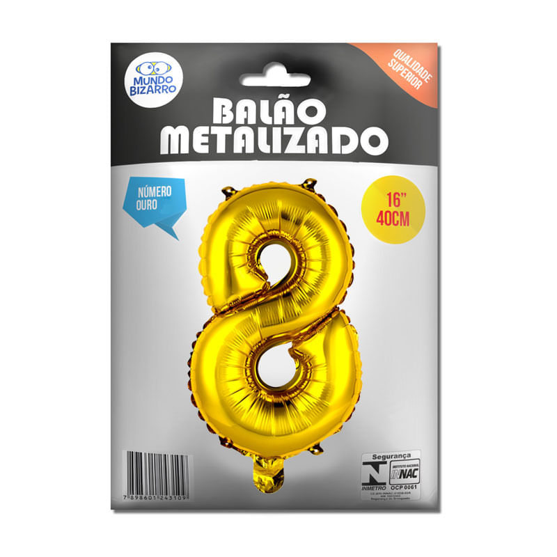 Balão Metalizado Mundo Bizarro Ouro 16” Número 8
