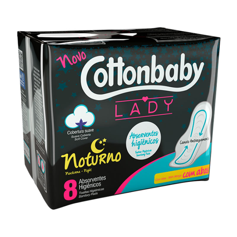 Absorvente Cottonbaby Lady Noturno com abas e Cristais de Gel 8un