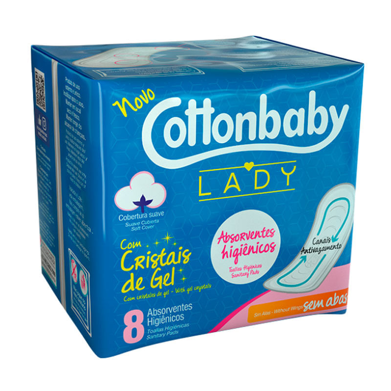 Absorvente Cottonbaby Lady sem abas e Cristais de Gel 8un