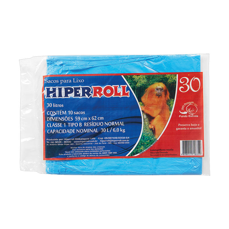 Saco Para Lixo Hiperroll 30L Azul 10un