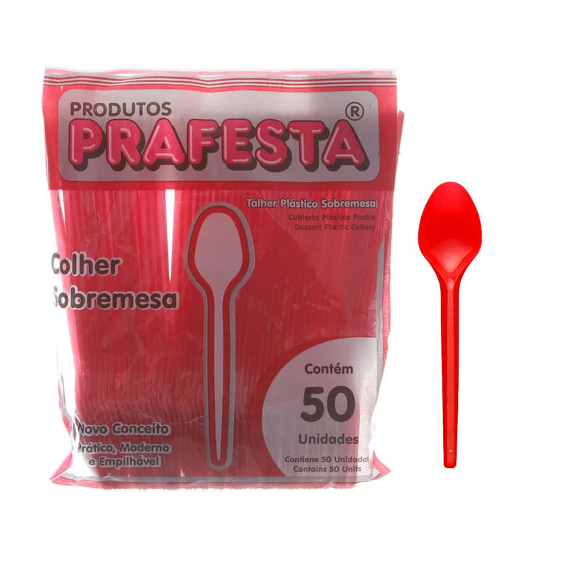 Colher Para Sobremesa Descartável Pequena Vermelha Prafesta
