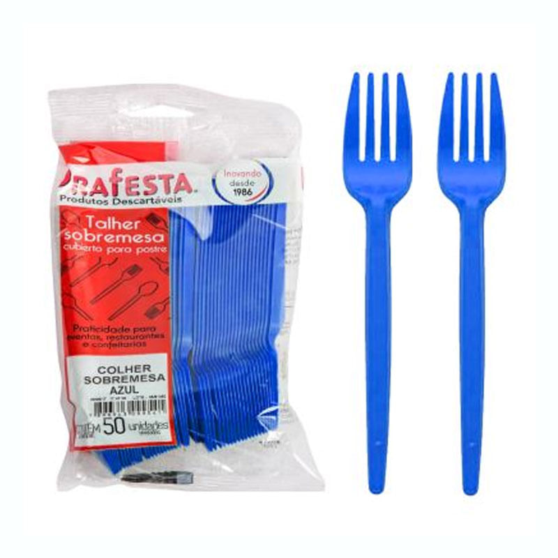 Garfo para Sobremesa Descartável Pequeno Azul Prafesta
